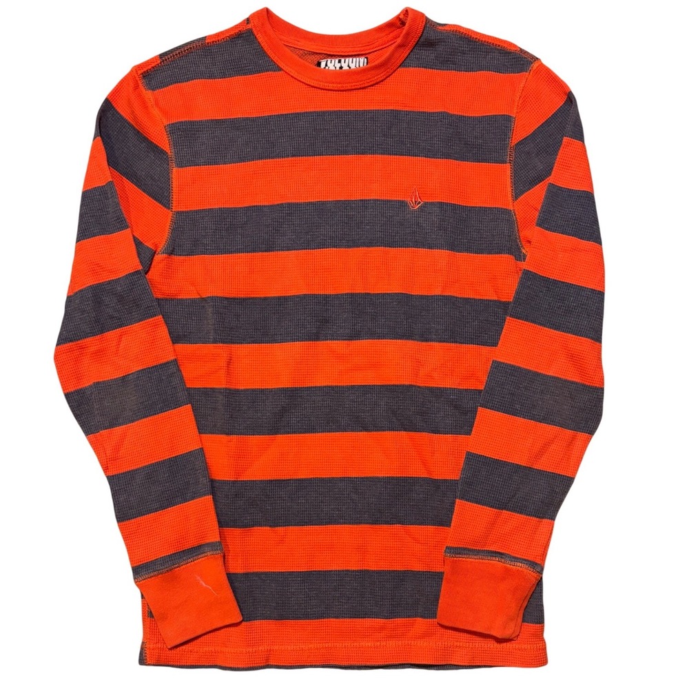 Volcom Striped Thermal Shirt Medium  Orange Gray Waffle Skate Surf‎ Y2K